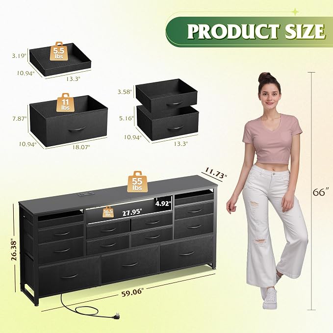 WLIVE Black Dresser TV Stand for 55, 60, 65 inch TV, Entertainment Center with LED Lights & Charging Station, TV Media Console Table with 13 Fabric Drawers and Open Shelves for Living Room, Wood Top - Image 2