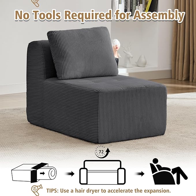 KIGOTY Modular Sectional Sofa Set, Comfy Cloud Sectional Couch with Deep Seat, Modern Boneless Couch for Living Room, No Assembly Required (Grey, 1 PCS-Middle Chair)