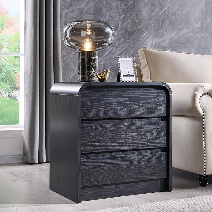 Aitjunz 25" Tall Modern Nightstand Set of 2, 23.6" Wide Wood Bedside Table with Charging Station, 3 Storage Drawers Side Table w/Curved Profile Design, End Table for Bedroom, Black - Image 2