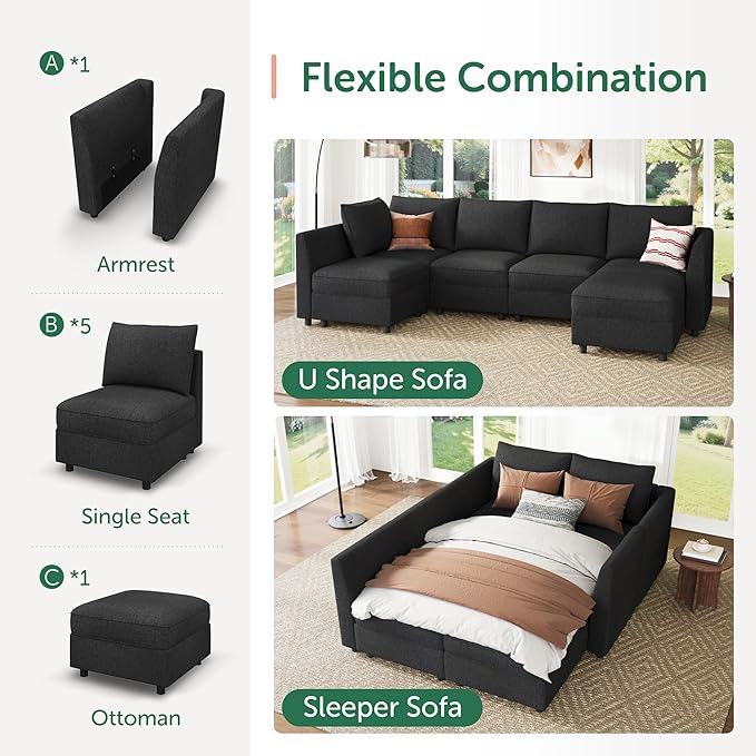 HONBAY Modular Sofa Sectional Sleeper Couch with Storage Modular Couch Convertible Couches for Living Room - Linen Grey