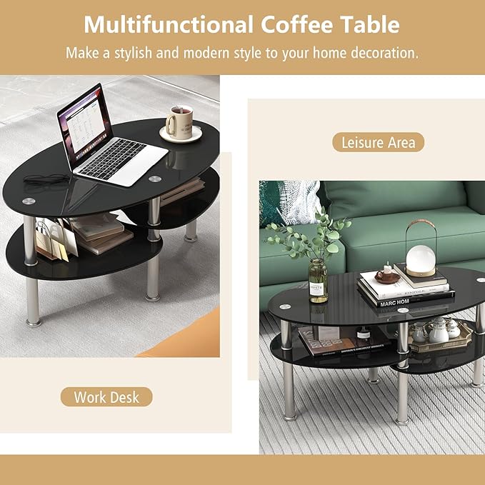 Giantex Oval Glass Coffee Table - 3-Tier Transparent Tempered Glass Table W/Sturdy Chrome Plated Legs, Small Sofa Side Table, End Table for Living Room, Bedroom, Office, 35"× 20" ×18" (Black)