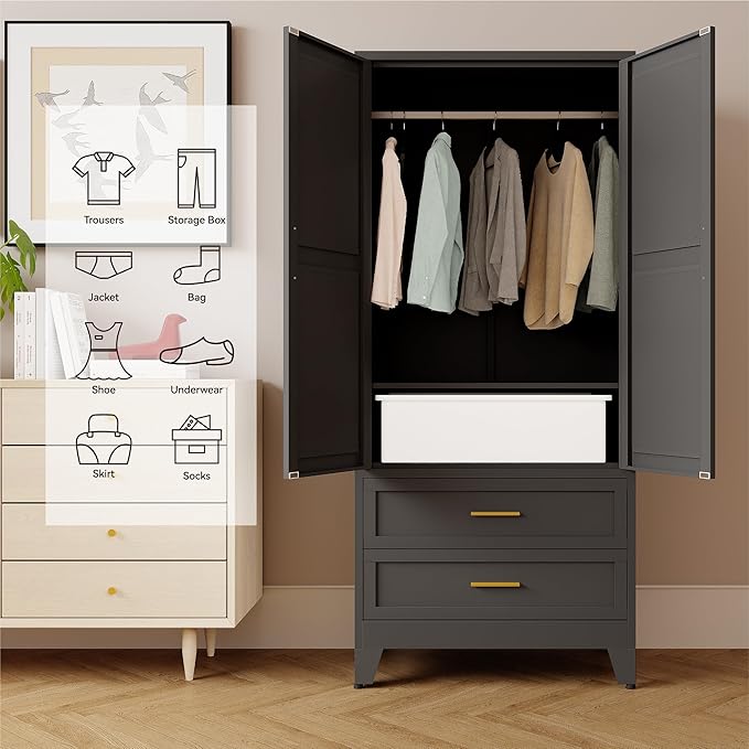 71" Tall Metal Armoire Wardrobe Closet,17.7" Deep By 31.5" Wide Portable Closet for Hanging Clothes,Wardrobe Cabinet with Drawers and Shelves for Bedroom Office Garage,Black 1 Pack
