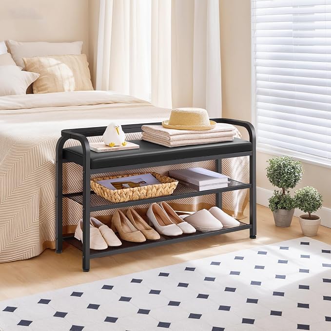 YATINEY Shoe Bench with Backrest, Entryway Bench, 2-Tier Shoe Rack with PU Padded Seat, Upholstered Shoe Storage Bench with Back, for Hallway, Entryway, Foyer, Bedroom, Black HX14BB - Image 8