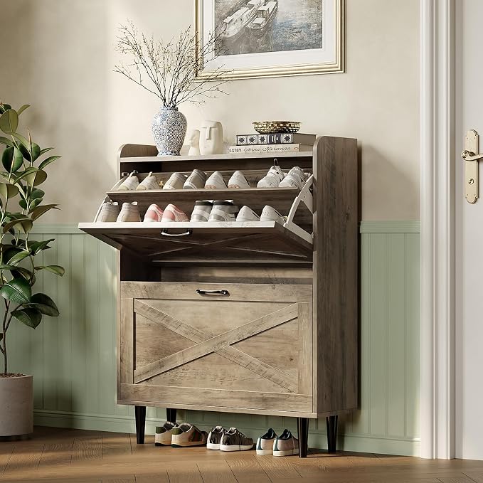 VINGLI Shoe Storage Cabinet for Entryway with 2 Flip Drawers, Ultra Slim Freestanding Entryway Shoe Organizer with Wood Tapered Legs,Hidden Closed Shoe Rack,31.6" W * 9.4" D * 39.4" H, Washed Gray - Image 6