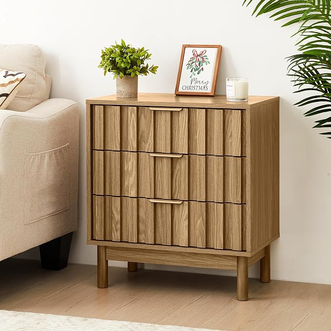 RoyalCraft 3 Drawer Nightstand, Modern Fluted Chest of Drawers, Wooden Storage Night Stand Side Table with Chic Edge Pull, Perfect for Bedroom, Living Room, Entryway, Natural Wood Tone - Image 5