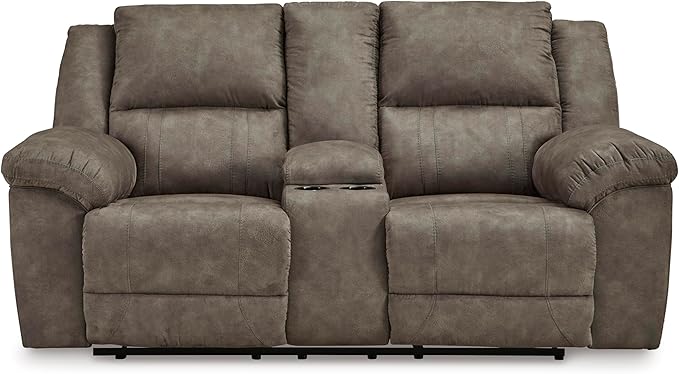 Signature Design by Ashley Laresview Contemporary Faux Leather Manual Double Reclining Loveseat with Console, Storage and Cup Holders, Gray