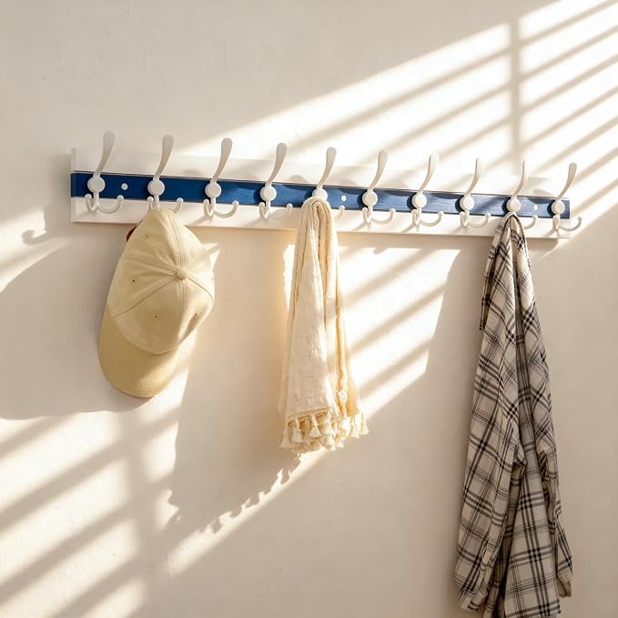 SKOLOO Coastal Wall Mounted Coat Rack - 38-1/8" Beach House Entryway Wooden Coat Hook with 10 Hooks for Hanging Coats, Hats or Towels, Oceanfront Cottage Core Collection, White & Blue - Image 2