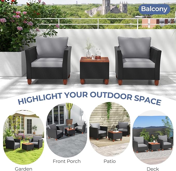 ORALNER 3 Pieces Patio Furniture Set, Outdoor Wicker Conversation Chairs with Cushion, Acacia Coffee Table, Rattan Bistro Set for Balcony Garden Backyard Front Porch Poolside (Grey)