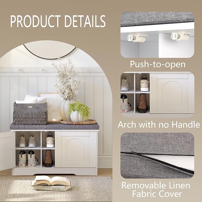 DINZI LVJ Shoe Bench, Entryway Storage Bench with Doors, Cushion, 2-Tier Shoe Rack with 6-Cubby, 31.5”L x 13.8”W Shoe Organizer Cabinet, Adjustable Shelf, Living Room, Bedroom, White - Image 5