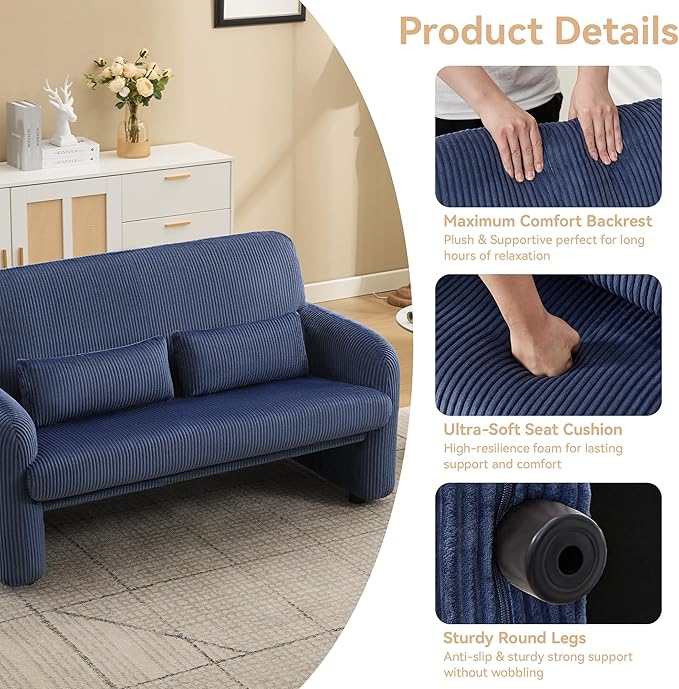 WUTUTUEE 56'' Corduroy Loveseat Sofa, 2 Seater Love Seat Couch for Small Space, Comfy Upholstered Modern Leisure Loveseat Couches with Lumbar Pillows for Bedroom, Office, Living Room, Blue