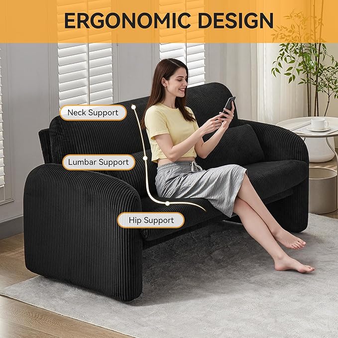 Morden Loveseat, Comfy Upholstered Corduroy Loveseat Sofa, 2-Seater Love Seat Couch for Living Room, Bedroom, Black