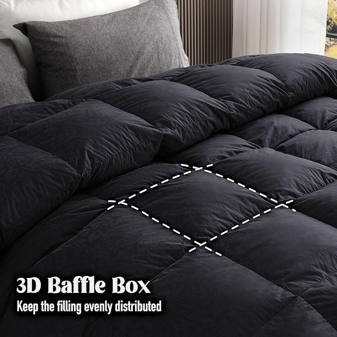 DAICO Goose Feather Down Comforter King Size, All Season Luxury Hotel Fluffy Duvet Insert, Ultra Soft 100% Cotton Shell with 8 Corner Tabs, Paisley Design (106x90'', Black)
