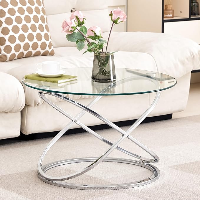 Modern Silver Round Glass Coffee Table – 26.7” Tempered Glass Top & Luxe Chrome Cross-Leg Base – Stylish Accent Table for Living Room, Apartment or Condo – Easy Setup – Space-Saving & Statement-Making