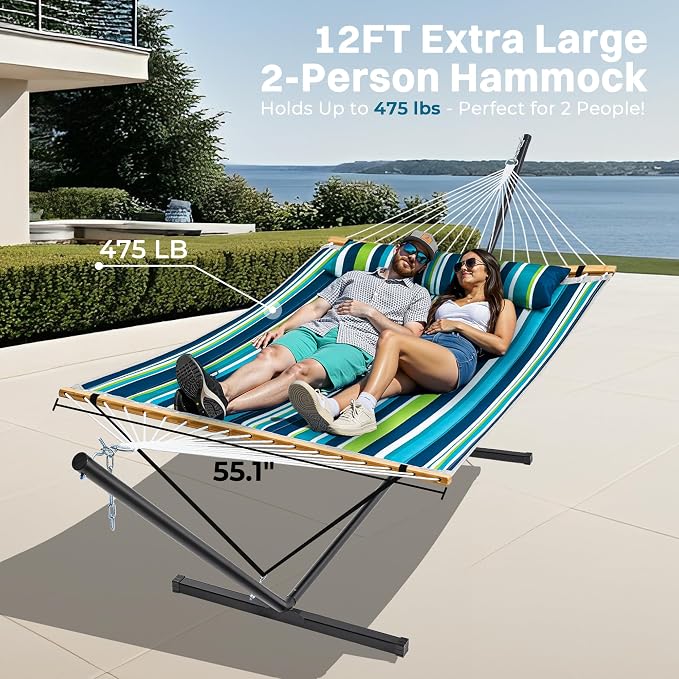 SUPERJARE Hammock with Stand, 2 Person Quilted Outdoor Hammock, Detachable Pillow & Bamboo Spreaders, Portable Hammock with Carrying Bag, Heavy Duty Stand, Perfect for Outside, Patio, Dark Cyan - Image 3