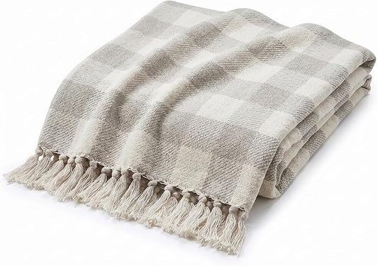 Americanflat 50x60 Throw Blanket - Soft and Breathable Cotton Throw Blanket for Couch, Bed, Chair - Decorative Blankets Perfect for Home, Office, or Outdoor Use - Cream and Beige Plaid Design