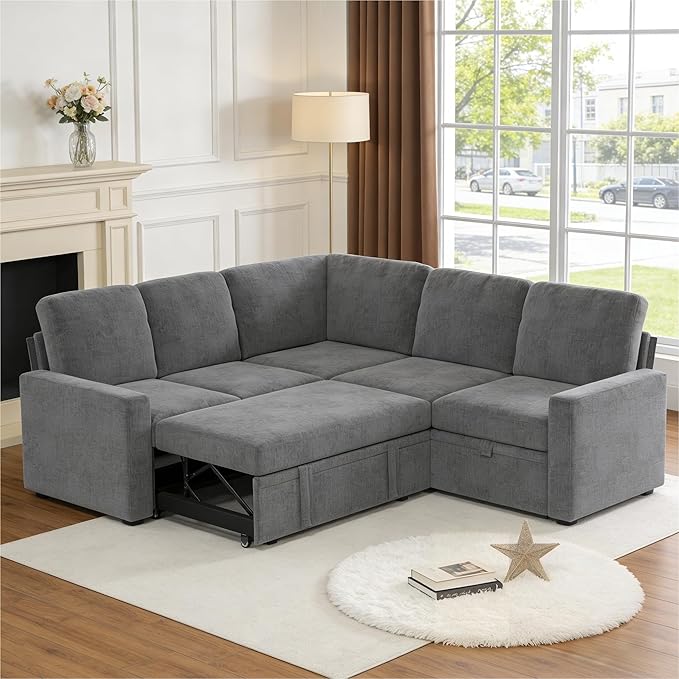 5-Seater Large Sectional Couch with Pull Out Bed, L Shaped Chenille Sofa with Storage, Convertible Modular Sofa, for Living Room, Apartment, Gray