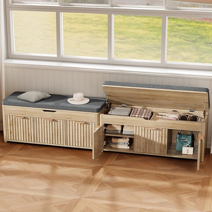 Shoe Bench with Storage - Lift Top Entryway Bench with Hidden Storage, Shoe Rack with Adjustable Shelves and Cushioned Seat, Wooden End of Bed Bench for Bedroom, Living Room and Hallway,Nature - Image 8