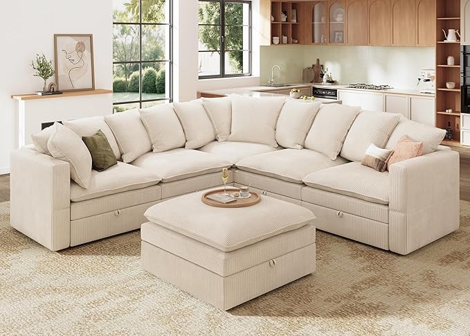 HHONBAY Modular Sectional Sofa, 6 Seaters Corduroy Sectional Couchwith Ottoman, L Shaped Sofa with Storage & Pillows, Beige