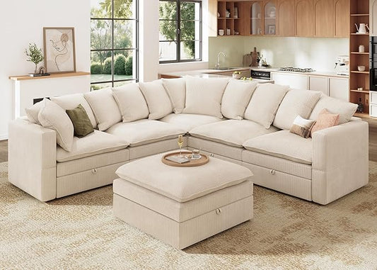 HHONBAY Modular Sectional Sofa, 6 Seaters Corduroy Sectional Couchwith Ottoman, L Shaped Sofa with Storage & Pillows, Beige