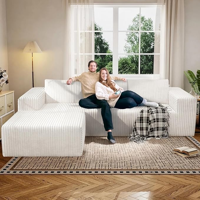 Boneless Couches for Living Room, Modular Sectional Sofa, L-Shape Sofa Couches,Cloud Couch Sectional, Comfy Corduroy Sofa, with Deep Seat, No Assembly Required (White, 94"+Left Facing Chaise)