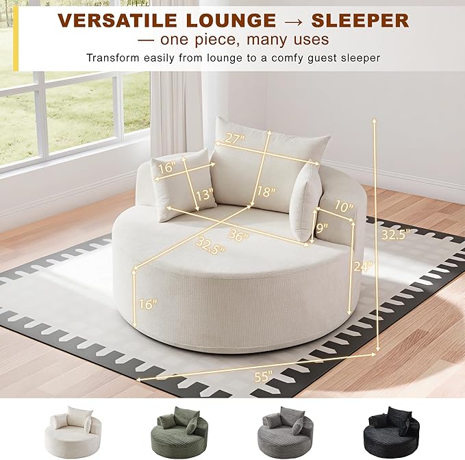 55'' Oversized Round Boneless Chaise Lounge Chair Indoor, Upholstered Corduroy Deep Seat Cloud Large Circle Sofa Couches Bed Corduroy Modern Floor No Assembly Sleeper Bed for Living Room, Bedroom