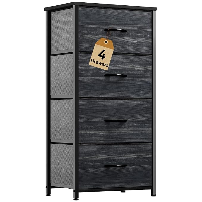 DWVO 4 Drawers Dresser, Dresser for Bedroom, Fabric Storage Tower, Chest of Drawers, Organizer Unit for Closets, Living Room, Sturdy Steel Frame, Wooden Top, Easy Pull Fabric Bins by DWVO