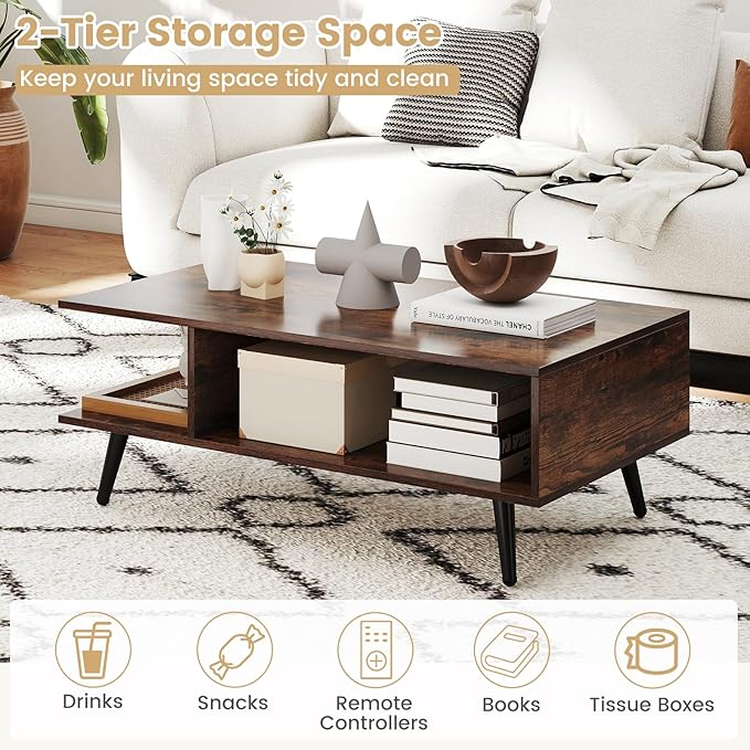 Giantex Coffee Table with Storage, Mid Century Modern Center Table for Living Room, Rectangle Tea Table with Open Storage Shelf & Floor-Anti-Scratching Tapered Metal Legs, Rustic Brown (Rustic Brown)