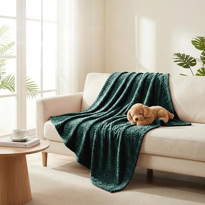 Exclusivo Mezcla Queen Blanket for Bed, Cozy Lightweight Fleece Blankets for All Season, Decorative Giftable Fuzzy Plush Wave Textured Suitable for Women, Men, Forest Green, 90x90 Inches