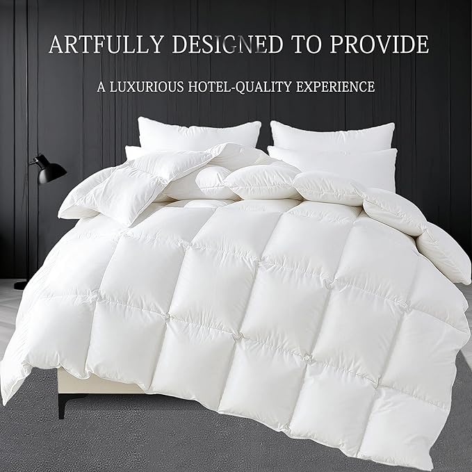 SHOUREN White Luxurious Goose Feather Down Fiber Comforter, All Season Hotel Collection Bed Comforter，Ultra Soft 100% Cotton Duvet Insert with Corner Tabs, King Size 106"x90"