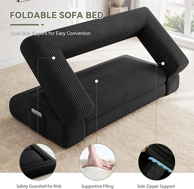 4-in-1 Convertible Folding Sofa Bed, 76 Inch Queen Size Foldable Sleeper Sofa Bed, Wide Corduroy Upholstery, Boneless Mattress Couch with Armrests & Neck Pillow for Living/Bedroom - Black