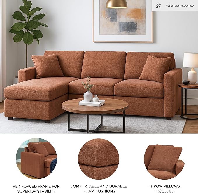 Signature Design by Ashley Modmax Urban L-Shaped Left-Arm Facing Modular Stain Resistant 3-Piece Sectional with Chaise, Reversible Cushions and 2 Accent Pillows, Orange