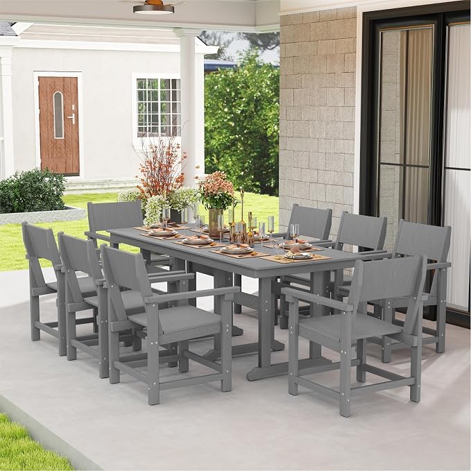 9-Piece Outdoor Dining Set, HDPE Weatherproof Patio Table and Chairs Set for 8, Outdoor Patio Furniture Sets with Umbrella Hole for Outside, Deck, Backyard, Garden (Grey) - Image 7