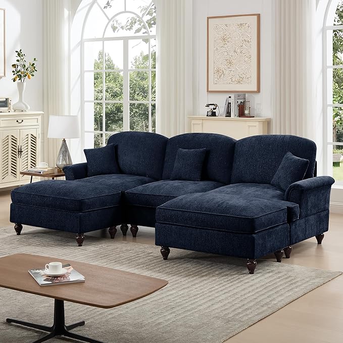 KEIKI Mid Century Modular Sofa with Flared Arms and Skirted Design, 107” Oversized 3-Seater with 2 Ottomans Luxury Chenille U-Shaped Sectional Couches for Living Room, Chaise Lounge Indoor, Blue