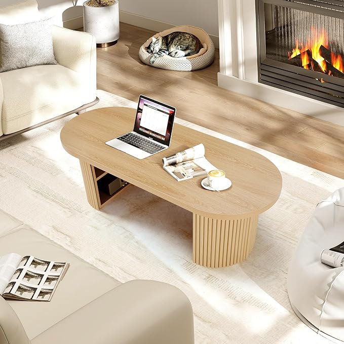 AVZEAR Fluted Oval Coffee Table with Storage for Living Room, Boho Modern Coffee Table, Curved Round Wood Center Table for Home, Small Spaces, Office, Natural(47.24" x 19.69" x 15.74")