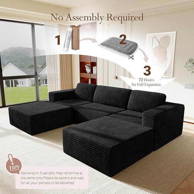 Vesgantti 119" Oversized U-Shaped Modular Sectional Sofa, Corduroy Cloud Couch with Deep Seating & Spring Support, Convertible Sofa with 2 Ottomans, Boneless Couch, No Assembly Required, Black