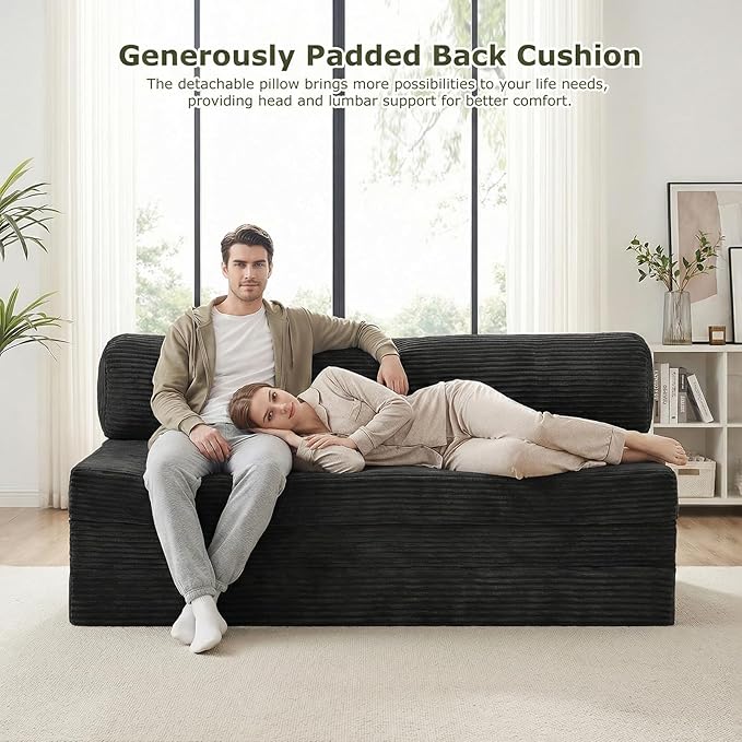 5-in-1 Convertible Sofa Bed, Boneless Loveseat Sleeper with Removable Cushions & Washable Cover, Futon Sofa Bed with Handle, Pull Out Couch for Small Spaces, Queen Size, Black