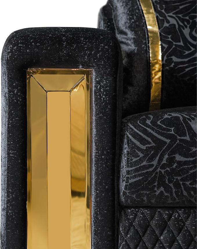 Furniture of America Samison II Glam 2-Piece Solid Wood Upholstered Sofa Set with Accent Pillows, Damask Pattern and Gold Base, Comfortable Couch and Loveseat for Living Room, Bedroom, Office, Black