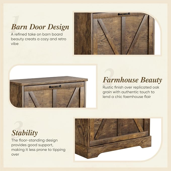 Semiocthome Farmhouse Shoe Storage Cabinet with 2 Flip Drawers, 23.6"(W) Freestanding Shoe Organizer with Barn Door and Metal Handles for Entryway, Corner Narrow Shoe Rack Cabinet - Rustic Brown - Image 8