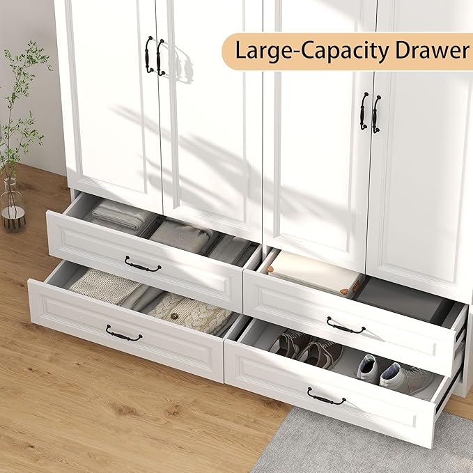 White Armoire Wardrobe Closet with Drawers: Bedroom Armoires with Hanging Rod, Wooden Closet Cabinet for Hanging Clothes, Tall Wardrobes Closets with Doors and Shelves (63")