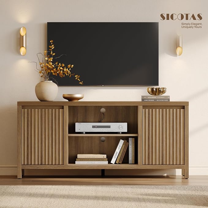 SICOTAS Fluted TV Stand for 55 65 inch TV - Large TV Consoles for Living Room Bedroom, Mid Century Modern Entertainment Center with Storage Cabinet, Wooden Television Stands Media Console, Caramel Oak - Image 3