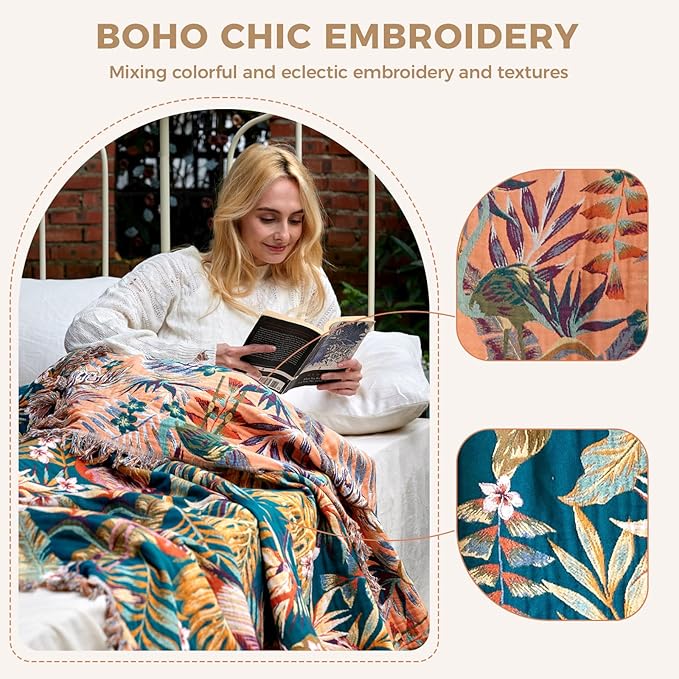 LUTBM Boho Throw Blanket for Couch Sofa Chair Cotton Spring Blankets for Bedroom Living Room All Season Lightweight Reversable Forest Embroidery Throws 50"x60"