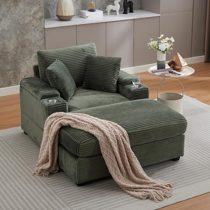 KEIKI Oversized Accent Chair with Ottoman, Chaise Lounge Chair Indoor with Handrail Storage, Cupholders, Oversized Sofa Bed, Deep Seat Sleeper Couch Reading Chairs for Living Room, Dark Green