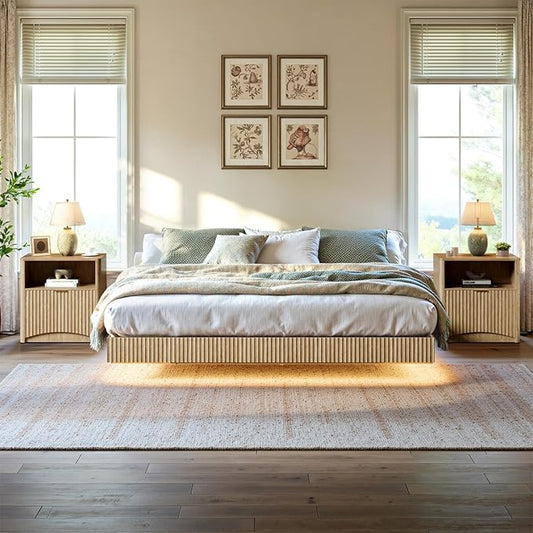 Evermagin Bedroom Furniture Set-Bed with 2 Nightstands, Mid Century Modern Bedroom Set, Floating Bed Frame Led Lights, Fluted Floating Room Furnitures, 3-Piece Room Set (Nbh, Queen)