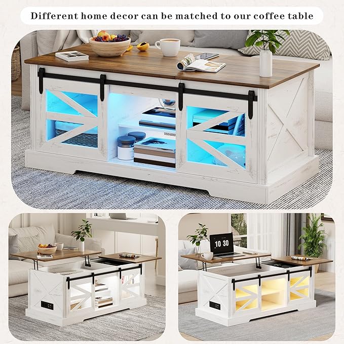 Lift Top Coffee Table with Gun Cabinet, 2 Sliding Barn Doors-Large Storage and 3 Color LED Lights fit Modern Rectangular Rustic Living Room Center Table(White)