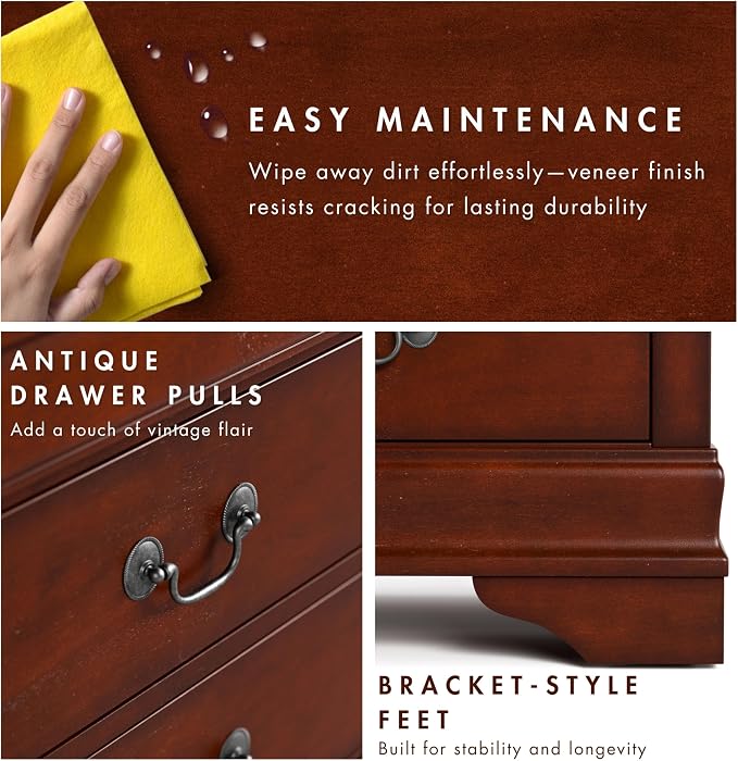 Furniture of America Arabella Traditional Solid Wood Nightstand with Drawers and Antique Nickle Handles, Small Bedside Table, No Assembly Wooden Night Stand for Bedroom, Guest Room, Dorm, Cherry - Image 5