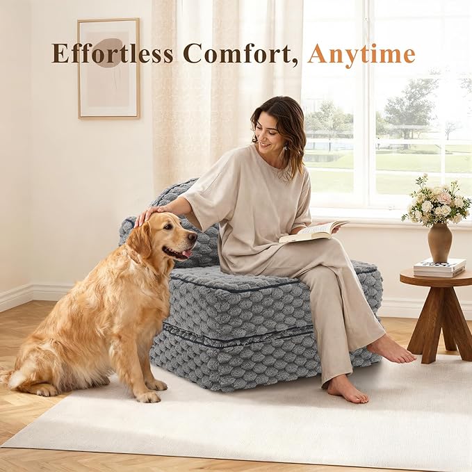 COLAMY Folding Sofa Bed, 3-in-1 Convertible Sleeper Chairs with Pillow,Back Support, Fuzzy Fabric Floor Couch Bed for Adults, Boneless Couches Living Room, Bedroom, Apartment, Grey