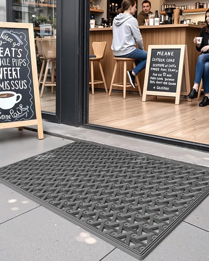 DEXI Front Door Mat Outside Entrance Rubber 19x30, Welcome Floor Doormat Heavy Duty Non Slip, Dirt Trapper Waterproof Exterior Entry Mats All Weather for Patio Entryway Drainage, Grey - Image 6