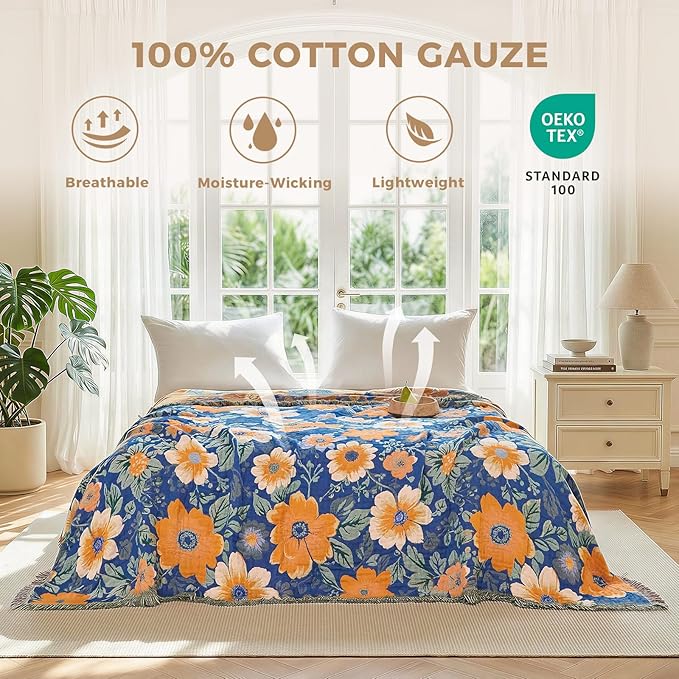 LUTBM Boho Throw Blanket for Couch Sofa Chair Cotton Spring Blankets for Bedroom Living Room All Season Lightweight Reversible Floral Embroidery Throws 50"x60"