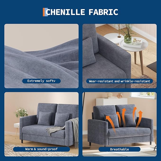 Garvee Loveseat Sofa, 52" Love Seat for Small Spaces, Mid Century Sofa Accent Chair, Solid Wood Frame, Tool-Free Assembly, Comfy Sofa Couch for Bedroom, Living Room, Blue Gray