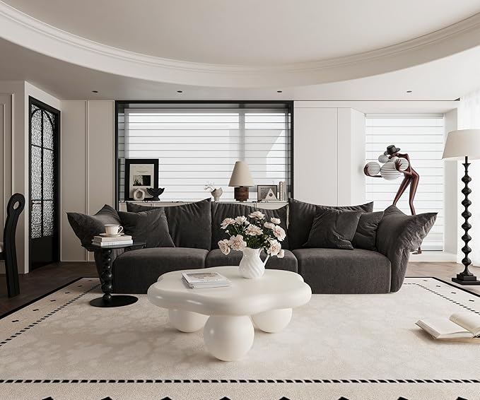 35.03" Cloud Coffee Table for Living Room Unique Coffee Table Modern Low Coffee Tables Cute Center Table with 3 Ball Legs for Small Space Apartment Cream Flower-White